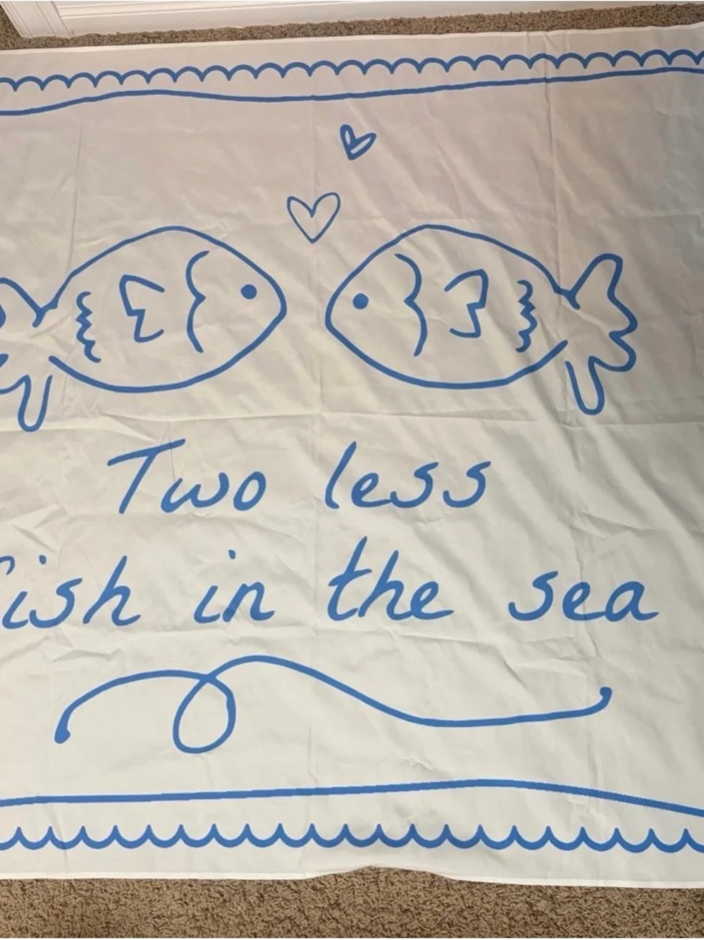 Decorative White & Blue 'Two Less Fish in the Sea' shower banner
